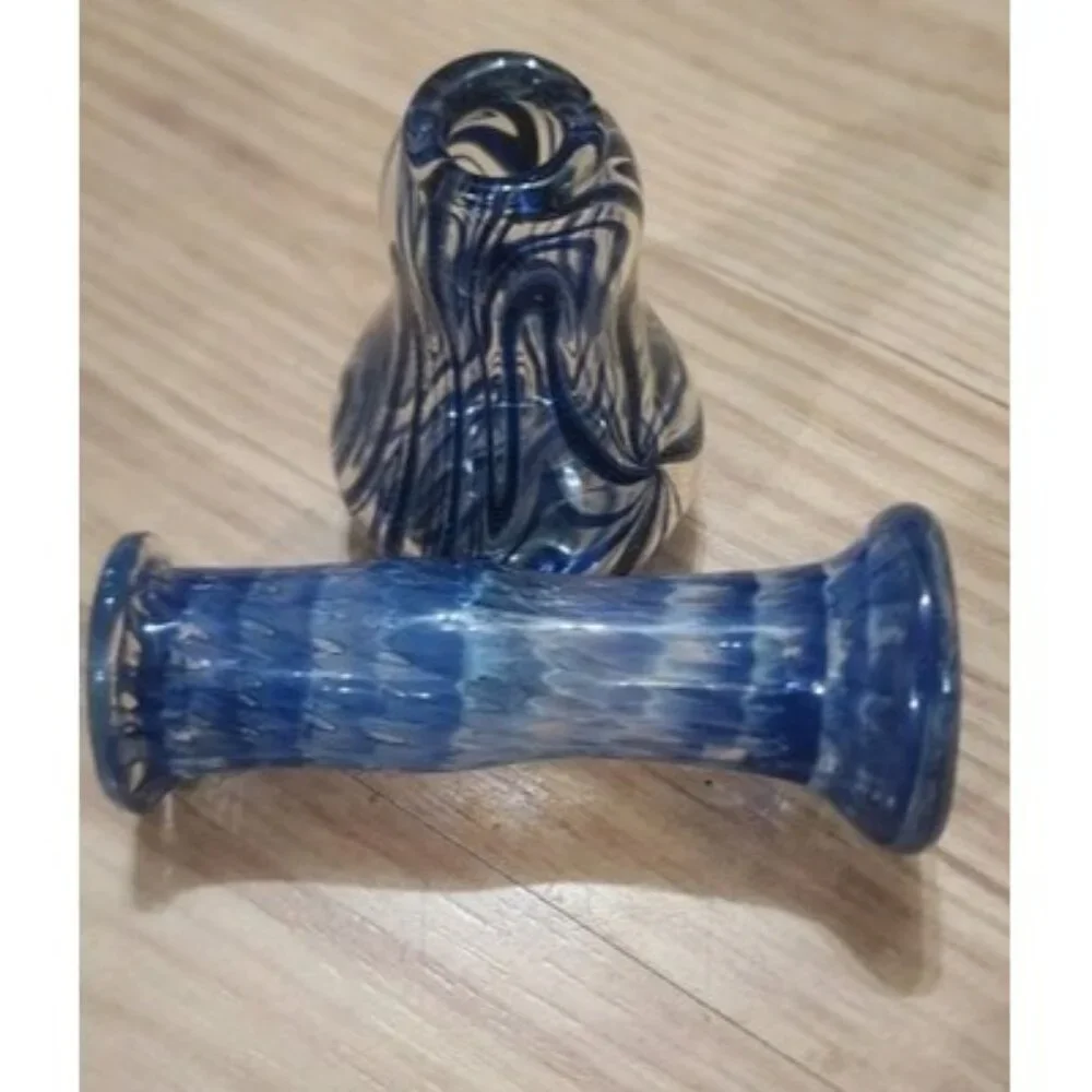 Blue Hand Blown Glass Bud Vase Set 2 Piece Swirl Art Glass Decorative Vessels